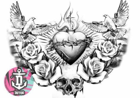 Dove And Rose Tattoo, Rose Chest Tattoo, Chest Tattoo Stencils, Chest Tattoo Drawings, Full Chest Tattoos, Sacred Heart Tattoos, Half Sleeve Tattoos Drawings, Cool Chest Tattoos, Pieces Tattoo