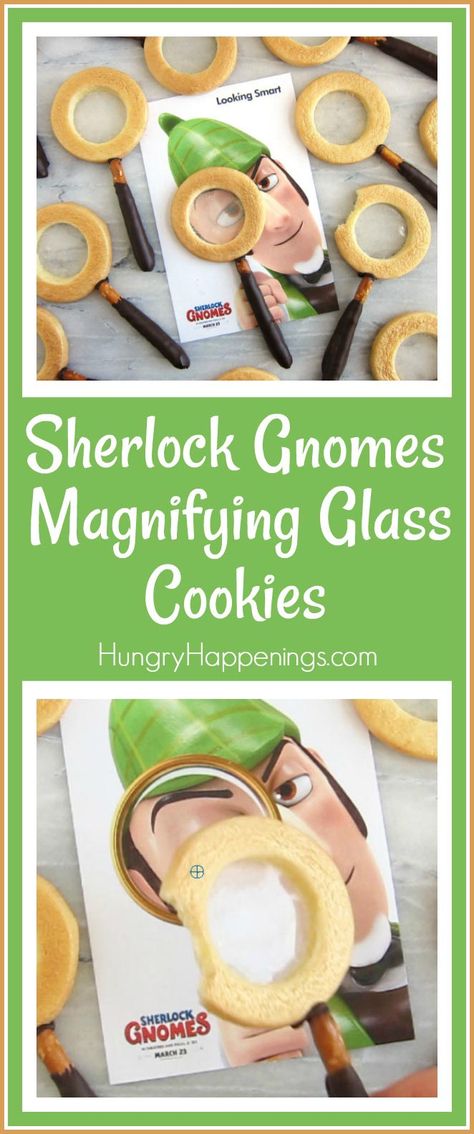 Sherlock Gnomes Magnifying Glass Cookies with Clear Candy Glass Sherlock Holmes Cookies, Sherlock Holmes Party Food, Sherlock Gnomes, Vbs Snacks, Glass Cookies, Chocolate Dipped Pretzels, Spy Party, Decorated Cookies Tutorial, Birthday Bbq