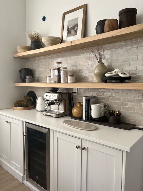 Coffee Bar In Family Room, Coffee Bar Wall Shelves, Dinner And Living Room Together, Coffee Bars In Kitchen Modern, Coffee Nook In Kitchen, Ikea Coffee Bar, Console Table Coffee Bar, Coffee Bar Shelves, Modern Coffee Bar Ideas