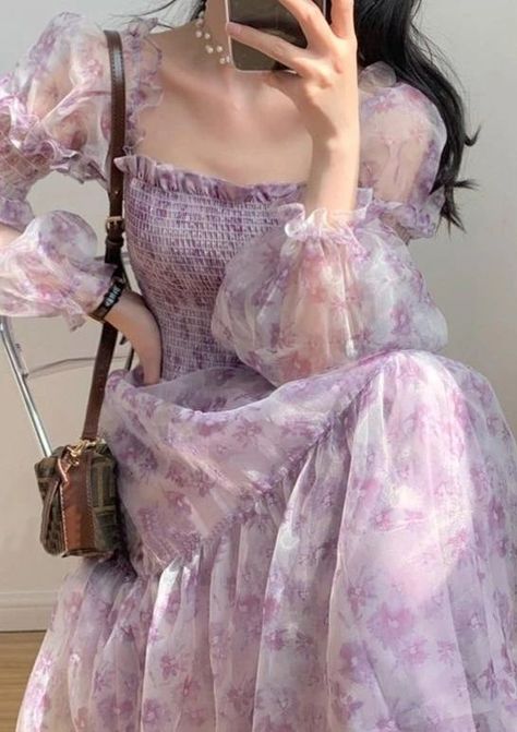 Lavender Dress Aesthetic, Dark Academia Princess, Floral One Piece Dress, Elegant Beach Dress, Academia Green, Lavender Outfit, Cottage Core Dresses, Cottagecore Dresses, Fairytale Gown