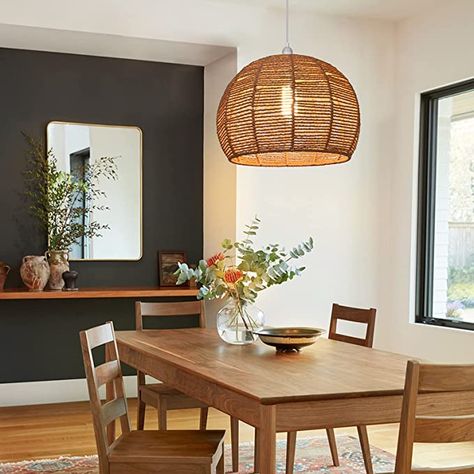 Rattan Light Dining Room, Single Pendant Light Over Dining Table, Woven Light Fixture Dining Room, Wicker Light Fixture Dining Rooms, Woven Pendant Light Dining Rooms, Basket Dining Room Light, Hanging Ceiling Lights Living Room, Woven Hanging Light, Bamboo Pendant Light Kitchen