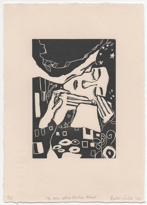 Original 'The Kiss, after Gustav Klimt' Lino Print The Kiss Gustav Klimt Print, Lino Tile Art, Gcse Art Lino Print, Wood Carving Tattoo, Linoleum Stamp, Linoleum Printmaking, Linoleum Print, Lino Art, Maximalism