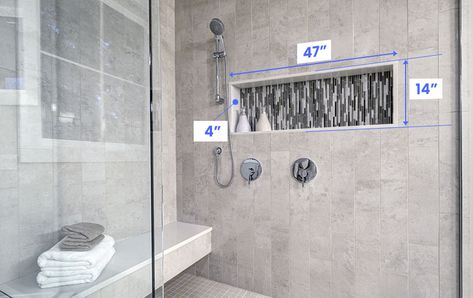 Horizontal shower niche size Horizontal Shower Niche, Shower Niche Dimensions, Shower Niche Size, Horizontal Niche, Bathroom Niche Ideas, Niche Shelf, Bathtub Shelf, Toilet And Bathroom Design, Bathroom Niche