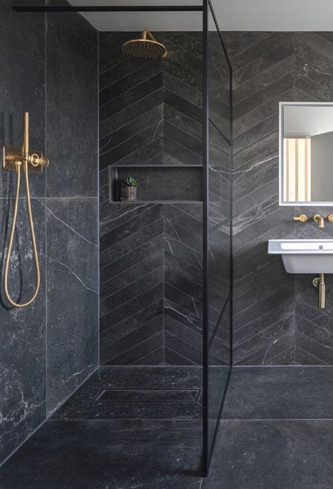 Black Tile Bathrooms, Mandarin Stone, Bathroom Design Inspiration, Bathroom Inspiration Decor, Big Bathrooms, Bathroom Trends, Bathroom Design Luxury, Modern Bathroom Decor, Bathroom Remodel Master