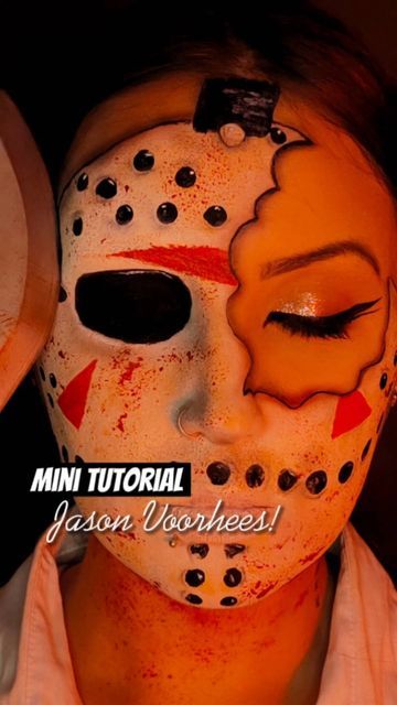 Jason Costume Women Makeup, Jason Face Makeup, Diy Horror Movie Costumes, Jason Women Halloween Costume, Jason Voorhees Makeup Female, Jigsaw Makeup Tutorial, Jason Mask Makeup, Jason Face Paint, Diy Horror Costume Women