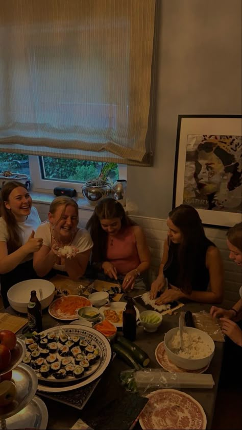 Sushi making by girls 
Vegetables on table 
Girls laughing Girls Night Asthetics, Girls Day In Ideas, Girls Night Aesthetic Home, Girl Night Ideas, Girls Night In Aesthetic, Cozy Girls Night, Fall Girls Night, Girls Night Aesthetic, Girls Night Ideas