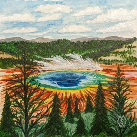 This is my mixed media painting with watercolor and acrylics while overlooking the Grand Prismatic Spring with its striking colors at Yellowstone National Park. I was inspired to paint this geological wonder after seeing it in person. This is the view of the spring that is overlooking it from a trail about 100 feet above it. This is the largest hot spring in the United States and third largest in the world.  I appreciate your feedback and sharing my art with others. prints/products:  https://... Grand Prismatic Spring, Grand Prismatic, West Yellowstone, National Park Posters, Spring Art, Hot Spring, Media Painting, Yellowstone National, Mixed Media Painting