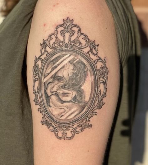 Cup Half Full Tattoo, Mirror Mirror On The Wall Tattoo, Woman In Mirror Tattoo, Scrying Mirror Tattoo, Vintage Portrait Tattoo, Vanity Mirror Tattoo, Ghost In Mirror Tattoo, Looking In Mirror Tattoo, Glass Child Tattoo