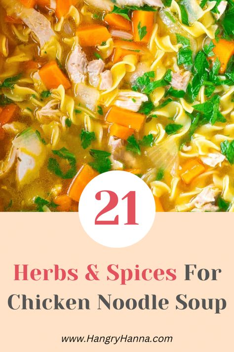 21 Best Herbs And Spices For Chicken Noodle Soup – Hangry Hanna Best Spices For Chicken, Spices For Chicken, Chicken Soup Seasoning, Best Chicken Seasoning, Homemade Chicken And Noodles, Spicy Chicken Noodles, Food For Chickens, Best Chicken Noodle Soup, Creamy Chicken Noodle Soup