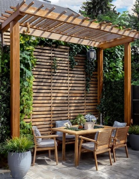 Pergola-Style Wood Patio Wall Porch Wall Design, Patio Wall Ideas, Outdoor Eating Area, Lattice Wall, Porch Wall, Privacy Walls, Patio Wall, Wood Patio, Wall Ideas