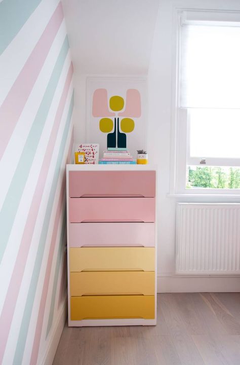 Upcycled Chest Of Drawers, Yellow Kids Rooms, Pastel Pink And Yellow, Rainbow Girls Room, Yellow Room, Rainbow Room, Dekorasi Kamar Tidur, Pastel Decor, Kids Room Design