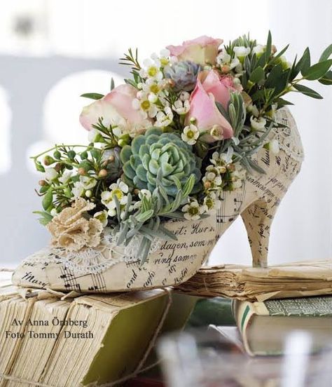 Is this great or what, much better use of some of those high heels!!   A succulent wedding bouquet turned into a permanent keepsake... Book Centerpieces, Love For Nature, Shabby Chic Crafts, Flower Arrangements Diy, Deco Floral, Diy Arts And Crafts, Book Crafts, Creative Crafts, Flower Shop