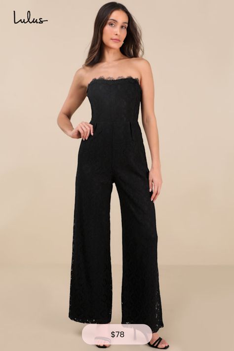 The Lulus Intriguing Elegance Black Lace Strapless Jumpsuit ensures that attention and admiration come easy all night long! Vintage-inspired lace shapes this stunning jumpsuit with a strapless bodice and a subtle sweetheart neckline with eyelash lace trim and hidden no-slip strips. A high, fitted waist sits atop wide pant legs with full-length hems. Hidden back zipper/clasp. Length: Size medium Inseam: 31.50 Front Rise: 13.00 Fabric: Fabric has no stretch. Lined. Shell: 100% Polyester. Lining: 1