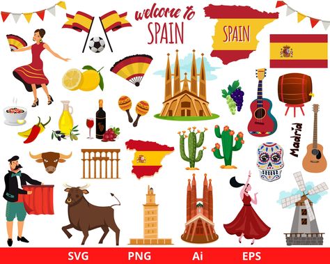 Spain Decorations, Spanish Drawings, Spain Drawing Easy, Spain Clipart, Spain Cartoon, Spain Illustration, Spain Theme Party, Spain Stickers, Spain Country