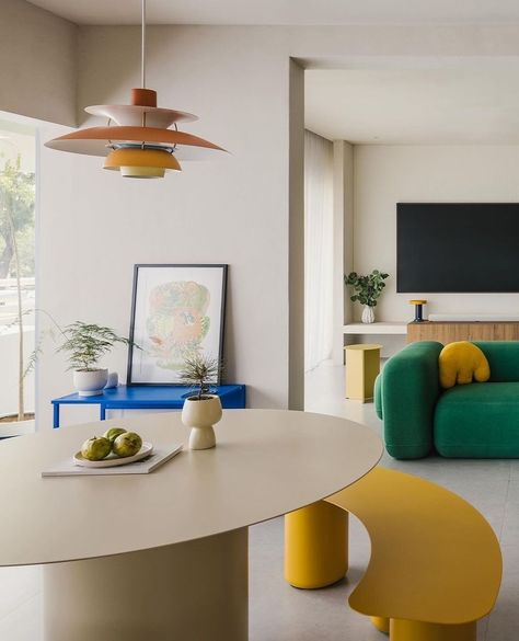 Colour and play are at the heart of Neptune Court in Singapore, designed by @budstudioco⁠ 💛👀⁠ ⁠ If you're in Singapore visit @cultdesignasia for all things Coco Flip⁠ Louis Poulsen Ph5, Poul Henningsen, Tikal, Louis Poulsen, Dream House Interior, House Inspo, Set Design, Game Room, Dining Area