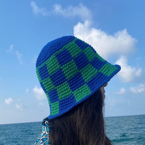 Checkered Bucket Hat Crochet, Checkered Bucket Hat, Crochet Trendy, Bucket Hat Crochet, Blue Bucket Hat, Blue Minimalist, Green Checkered, Crochet Hat Free, Mens Bucket Hats