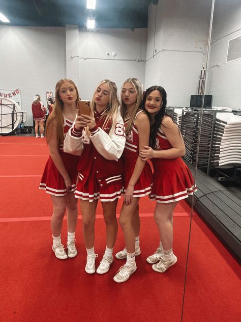 Red Cheerleader Aesthetic, Maroon Cheer Uniforms, Red Cheerleader Outfit, Red Cheer Uniforms, High School Cheer Uniforms, Outfits For Sports, Cheer Aesthetic, All Star Cheerleading, Cheer Makeup