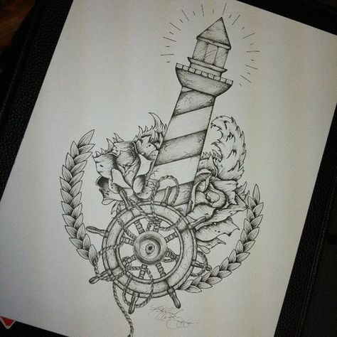 naval Marine Engineer Tattoo, Gargoyles Art, Vintage Tattoo Art, Awesome Drawings, Lighthouse Tattoo, Tattoo Stencil Outline, Awesome Tattoos, Tat Ideas, School Tattoo