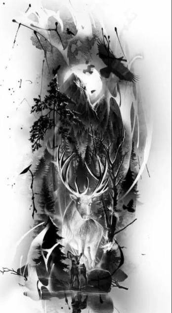 Dark Forest Tattoo Design, Black And White Tattoos For Men, Inner Bicep Tattoo Men Ideas Design, Hirsch Tattoo Frau, Kurt Tattoo, Forest Forearm Tattoo, Wilderness Tattoo, Deer Skull Tattoos, Wood Tattoo