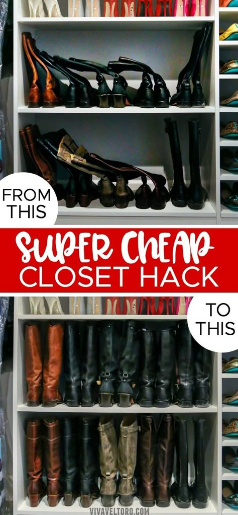 Get your boots to stand up and organize that closet with this super easy and cheap closet hack! I'll show you how to do it for less than $15! #closet #dreamcloset #boots #hacks Long Boot Storage Ideas, Boot Shelves Shoe Storage, Store Boots In Closet, Thigh High Boot Storage, Organizing Boots In Closet, Tall Boot Storage Ideas Closet, Boot Closet Storage, Organize Boots In Closet, Winter Boot Storage Ideas