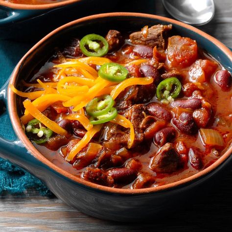 Toasting the peppers for this chili releases their earthy flavors – but do wear gloves when handling dried peppers and seeds. — Rachel Sprinkel, Hilo, Hawaii Spicy Beef Chili Recipe, Hot Chili Recipe, Cowboy Chili Recipe, October Dinner, Cowboy Recipes, Cowboy Chili, Mac Recipes, Spicy Chili Recipe, Crockpot Recipes Ground Beef