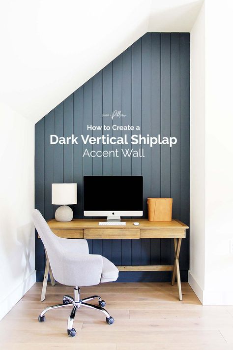 Learn how to create a dark vertical shiplap accent wall, painted with Benjamin Moore Hale Navy. #shiplap #accentwall Navy Blue Shiplap Wall Bedroom, Accent Wall Loft, Vertical Shiplap Staircase Wall, Shiplap Painted Walls, Vertical Shiplap Tv Wall, Shiplap Vertical Wall, Verticle Shiplap Accent Wall, Navy Shiplap Wall, Shiplap Office Wall