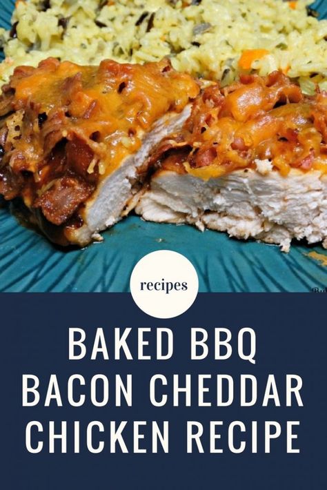 Tender, juicy chicken is covered in barbecue sauce, baked, then topped with fresh cooked bacon bits and shredded cheddar cheese in this delectable Baked BBQ Bacon Cheddar Chicken recipe. Barbecue Bacon Chicken, Bbq Bacon Chicken, Bacon Cheddar Chicken, Bacon Bbq Chicken, Bacon Bbq Sauce, Chicken Breast With Bacon, Shake N Bake Chicken, Sweet Bbq Sauce, Bbq Chicken Breast