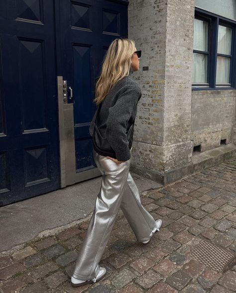 The Round Up: Silver Trousers Silver Wide Leg Pants Outfit, Outfits With Silver Pants, How To Style Silver Pants, Silver Pants Outfit Casual, Silver Leather Pants Outfit, Silver Jeans Outfit, Wide Leg Trousers Outfit Casual, Silver Pants Outfit, Metallic Pants Outfit