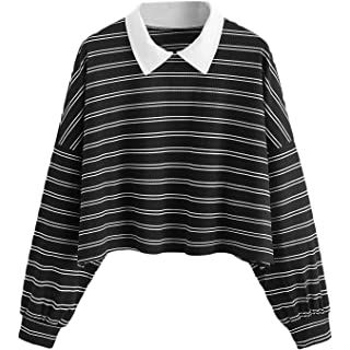 SweatyRocks Women's Collar Crop Top Solid Color Short Sleeve Cropped Tee T-Shirt Top Black-2 X-Large at Amazon Women’s Clothing store Korean Shirt, Gothic Clothes, Striped Long Sleeve Tee, Collar Neck, Collars For Women, Casual Stripes, Striped Crop Top, Striped Tee, Amazon Women