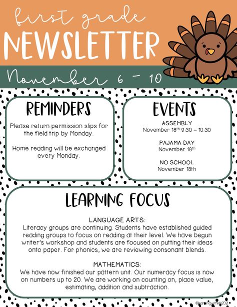 November Newsletter Template, Boho Rainbow Theme, Dalmation Print, November Classroom, Newsletter Template Free, Consonant Blends, Truck Theme, Classroom Newsletter, Classroom Treats