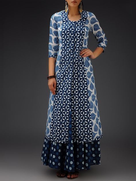 Buy Indigo White Printed Bias Cut Cotton Jacket Online at Jaypore.com Long Kurti Patterns, Kurta Patterns, Kameez Designs, Kurti Patterns, Salwar Designs, Long Kurti Designs, Kurta Neck Design, Cotton Kurti Designs, Kurti Neck Designs