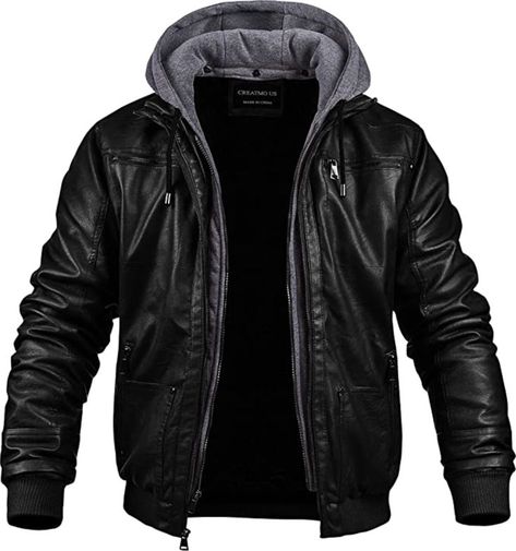 Men's Faux Leather Jacket Motorcycle Jacket Waterproof Windproof PU Moto Outerwear Vintage Bomber Hoodie with Removable Hood Modern Hood, Leather Jacket Hoodie, Faux Leather Jacket Men, Leather Hoodie, Classic Leather Jacket, Leather Jacket With Hood, Knitted Hood, Jacket With Hood, Winter Trends