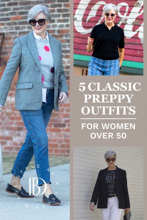 Classic style never goes out of style. Here are 5 classic preppy outfits for women over 50 that will always be wearable. The outfits feature a variety of different looks and items, all of which you can mix and match to create something you love. Classic Preppy Style Women Fall, Preppy Over 40, Preppy Style Outfits Womens Fashion, 2024 Preppy Outfits, Prep Style Women Preppy Outfits, Women’s Preppy Style, Preppy Clothing Style, Preppy Women Outfits, How To Dress Preppy