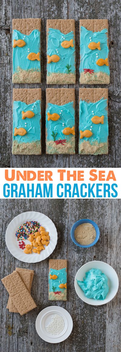 Under the Sea Graham Crackers Healthy Snack! Easy for kids to make and perfect for an ocean theme! You’ll need graham crackers, graham cracker crumbs, goldfish, blue frosting, white ball sprinkles, and red and green long sprinkles. Healthy Graham Crackers, Beach Crafts For Kids, Toddler Snacks, Under The Sea Party, Snacks Für Party, Beach Crafts, School Snacks, Fun Kids Food, Food Crafts