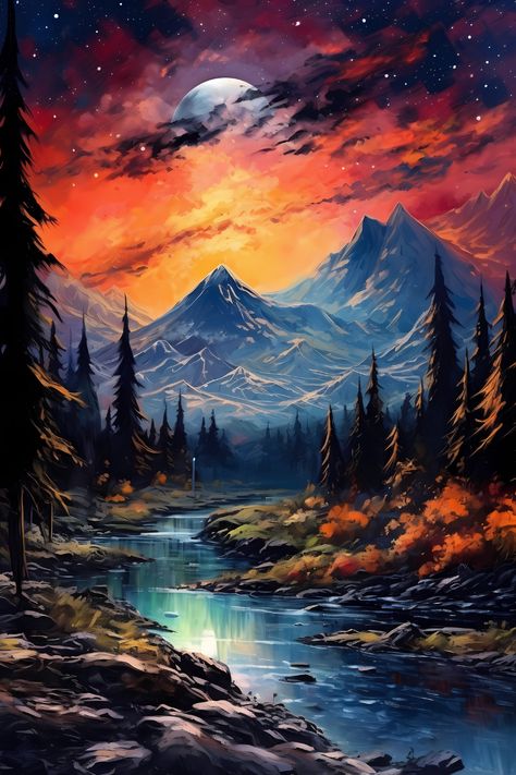 Nature Scenes Painting, Mountain Forest Aesthetic, Naturalistic Landscape, Fantasy Landscape Painting, Mountain Acrylic Painting, Mountain Oil Painting, Moon Backdrop, Shirts Roblox, Mountain Scape