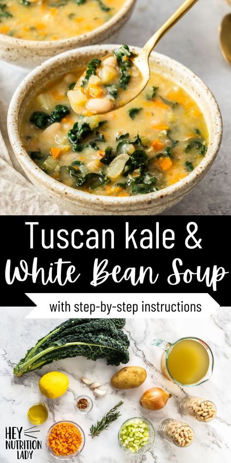 This simple and nourishing Kale and White Bean Soup recipe combines creamy white beans, starchy potatoes, and loads of veggies with Tuscan kale for a delicious vegetarian soup that's on the table in under an hour. Simmered on your stovetop, this is a one-pot recipe that the whole family will love. Kale And White Bean Soup, Kale And Bean Soup, Kale And White Bean, Creamy White Beans, White Bean Kale Soup, Kale Soup Recipes, Tuscan Kale, White Bean Soup Recipes, Bean Soup Recipe