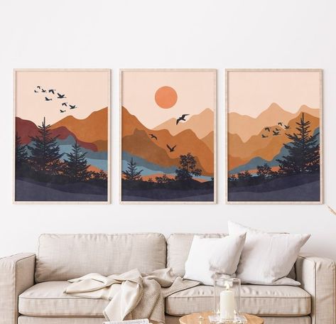 Boho Landscape, Terracotta Wall Art, Boho Painting, Abstract Mountain, Mid Century Modern Wall Art, Canvas Painting Designs, Mid Century Modern Walls, Wall Art Boho, Mountain Print