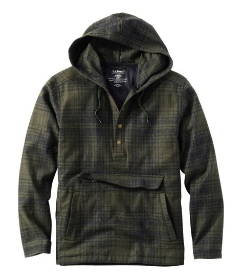 This warm anorak is a new and creative twist on our legendary wool tops. Made with the same rugged wool as our other Maine Guide wool apparel, this is the perfect hooded sweatshirt for cool days. Traditional Fit. Body insulation: Coldshield 100% recycled polyester 60gr. Shell is 70% wool/25% nylon/5% polyester twill. Body and sleeves lined with 100% recycled polyester taffeta. Dry clean. Wool is warm even when wet and quiet in the field so you won't spook game. Quarter button up with four button Wool Anorak, Lumber Jack, Bush Craft, Lined Flannel Shirt, Ripstop Pants, Winter Fishing, Fair Outfits, Man Clothes, Shirt Jacket Men