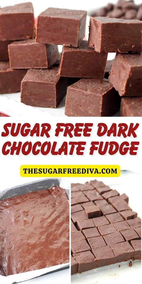 Sugar Free Dark Chocolate Fudge Recipe Dark Chocolate Fudge Recipe, Sugar Free Cake Recipes, 5 Ingredient Desserts, Sugar Free Fudge, Sugar Free Desserts Easy, Chocolate Fudge Recipe, Dark Chocolate Fudge, Chocolate Candy Recipes, Sugar Free Baking