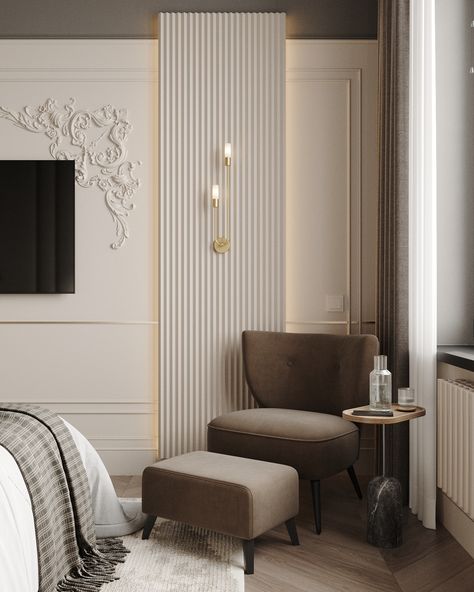 Molding Behind Bed, Tv Wall Bedroom, Floating Nightstand Ideas, Modern Floating Nightstand, Nightstand Ideas, Classical Interior, Neoclassical Interior, Bedroom Interior Design Luxury, Furniture Details Design