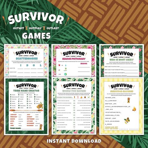 Survivor Party Games Printable Survivor Games Survivor - Etsy Canada Survivor Camp Activities, Survivor Style Games, Survivor Theme Party Challenges, Survivor Birthday Party Ideas, Survivor Games For Kids, Survivor Games Challenges, Survivor Challenges At Home, Survivor Puzzles, Survivor Theme Party