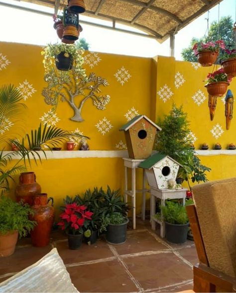 Terrace Painting Ideas, Balcony Painting Ideas, Wall Painting Indian, Indian Wall Painting, Small Corner Decor, Stenciled Walls, Indian Wall Decor, Outdoor Restaurant Design, Mud House