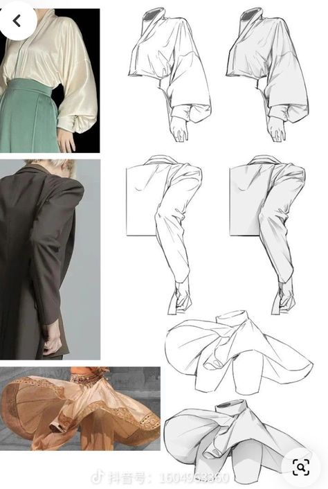 Sitting Down Poses Drawing Perspective, Drawing A Jacket, How To Draw Flowy Sleeves, Skirt Folds Reference Sitting, Clothing Studies Drawing, Clothes Study Art, Clothing Sketches Reference, Cloth Folds Drawing, Cloth Wrinkles Reference