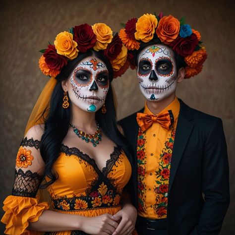 20 Couples Halloween Outfit Ideas: Spooky, Cute, and Creative Costumes for Two » Styling Outfits Couples Halloween Costume Ideas Mexican, 80 Costume Ideas Couples, Sugar Skull Couple Costume, Dia De Los Muertos Couple Costume Ideas, Day Of The Dead Couple Costume, 80's Costume Ideas, Costumes For Two, Couples Halloween Costumes Creative, Mexican Halloween Costume