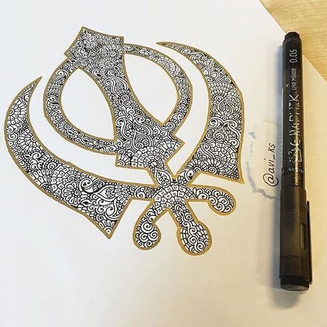 wow check out this beautiful Sikh #khanda design by @avi_ks Easy Mandala Drawing, Zentangle Tutorial, Boho Art Drawings, Guru Pics, Canvas Art Projects, Simple Mandala, Waheguru Ji, Art Drawings Sketches Pencil, Religious Symbols