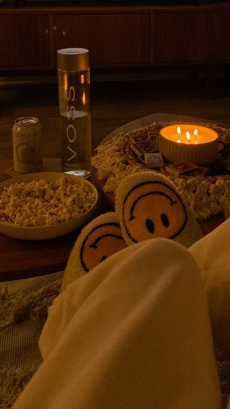 Comfy Aesthetic Pictures, Autumn Sleepover, Popcorn Aesthetic, Smile Slippers, Period Cravings, Smiley Face Slippers, Comfy Aesthetic, Fall Moodboard, Halloween Sleepover