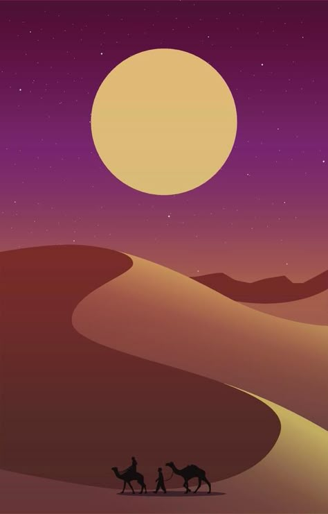 Caravan Arabian Night Desert Landscape Islamic Ramadan Kareem Greeting Card Night Desert Illustration, Arabian Desert Art, Arabian Nights Painting, Arabian Drawing, Desert Night Aesthetic, Arabian Nights Art, Arabian Nights Illustration, Arabian Illustration, Arabian Landscape