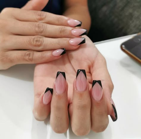 Black Vtip French Nails, Black French Tip Triangle, Black Pointed French Tip Nails, Black Tip Coffin Acrylic Nails, Black French Tip Nails Ballerina, Black V French Tip Nails, Triangle French Tip Nails, French Manicure Acrylic Nails, Black Acrylic Nail Designs