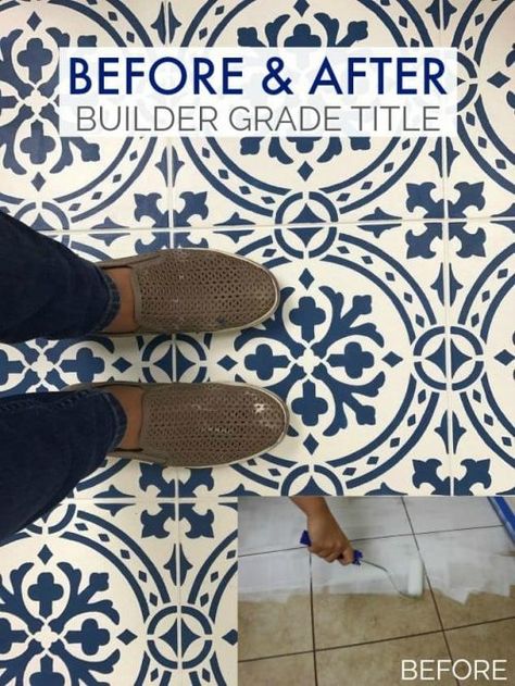 Repaint Your Tiles with Stencils. This step by step tutorial. Need to spruce up your current home? Take a look at these Older Home Improvement Hacks and budget-friendly DIY Renovations you can do on your own! #HomeImprovement #budgetfriendly #thisoldhouse #homedecor #renovations #remodeling #tiles #homeimprovement #painted #tiledesign #tileart #tilebathroom #tilefloor Stencil Backsplash, Stenciled Tile, Grey Interior Doors, Floor Stencils, Home Improvement Hacks, Tile Stencils, Painting Tile Floors, Patterned Tile, Paint On Wood