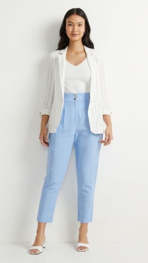 Blue And White Semi Formal Outfits, Pastel Blue Pants Outfit, Light Blue Pants Work Outfit Women, What To Wear With Light Blue Pants, Light Blue Slacks Outfit Women, Light Blue Pants Outfit Work, Powder Blue Pants Outfit, Light Blue Pants Outfit Women, Sky Blue Pants Outfit